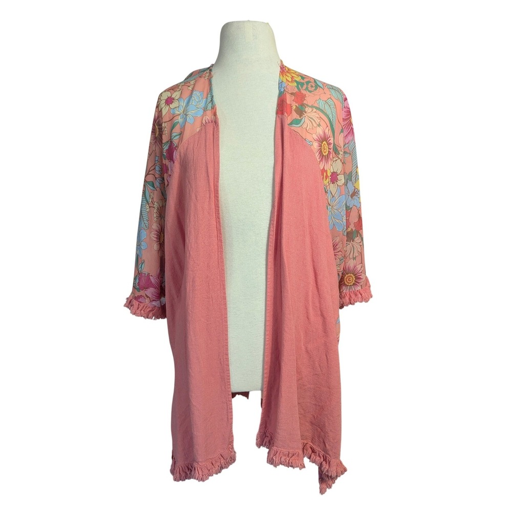 Umgee Coral Pink Floral Boho Kimono Fringe Trim Open Front Wrap Size S/M